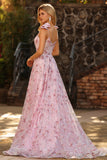 Sparkly Pink Floral A-Line Sequin Long Ball Dress with Bows