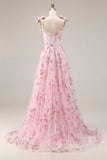Sparkly Pink A-Line Floral Sequins Long Prom Dress with Bows