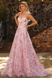 Sparkly Pink Floral A-Line Sequin Long Ball Dress with Bows