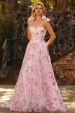 Sparkly Pink Floral A-Line Sequin Long Ball Dress with Bows
