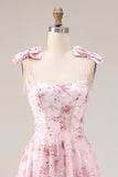 Sparkly Pink A-Line Floral Sequins Long Prom Dress with Bows