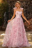 Sparkly Pink Floral A-Line Sequin Long Ball Dress with Bows
