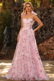 Sparkly Pink Floral A-Line Sequin Long Ball Dress with Bows