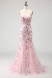Sparkly Pink Floral Corset Mermaid Long Ball Dress with Sequins