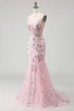 Sparkly Pink Floral Corset Mermaid Long Ball Dress with Sequins