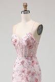 Sparkly Pink Floral Corset Mermaid Long Ball Dress with Sequins