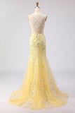 Yellow Mermaid Corset Floral Lace Up Back Long Ball Dress with Sequins