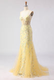 Yellow Mermaid Corset Floral Lace Up Back Long Ball Dress with Sequins