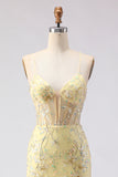 Yellow Mermaid Corset Floral Lace Up Back Long Ball Dress with Sequins