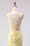 Yellow Mermaid Corset Floral Lace Up Back Long Ball Dress with Sequins