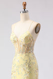 Yellow Mermaid Corset Floral Lace Up Back Long Ball Dress with Sequins