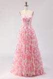 Pink Print Floral Strapless A Line Corset Long Ball Dress