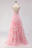 Pink Print Floral Strapless A Line Corset Long Ball Dress