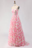 Pink Print Floral Strapless A Line Corset Long Ball Dress