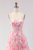 Pink Print Floral Strapless A Line Corset Long Ball Dress