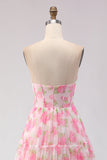 Pink Print Floral Strapless A Line Corset Long Ball Dress