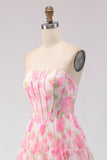 Pink Print Floral Strapless A Line Corset Long Ball Dress