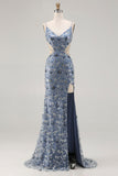 Mermaid Dusty Blue Sequins Beaded Cut Out Long Ball Dress with Slit