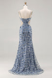 Mermaid Dusty Blue Sequins Beaded Cut Out Long Ball Dress with Slit