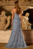 Mermaid Sequins Dusty Blue Beaded Cut Out Long Ball Dress with Slit