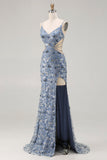 Mermaid Dusty Blue Sequins Beaded Cut Out Long Ball Dress with Slit
