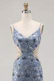Mermaid Dusty Blue Sequins Beaded Cut Out Long Ball Dress with Slit