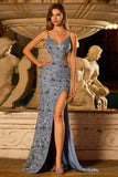 Mermaid Sequins Dusty Blue Beaded Cut Out Long Ball Dress with Slit