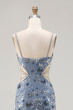 Mermaid Dusty Blue Sequins Beaded Cut Out Long Ball Dress with Slit