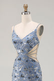 Mermaid Dusty Blue Sequins Beaded Cut Out Long Ball Dress with Slit