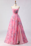 Pink A-Line Print Tulle Floral Corset Long Prom Dress with Slit