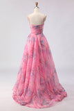 Pink A-Line Print Tulle Floral Corset Long Ball Dress with Slit