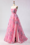 Pink A-Line Print Tulle Floral Corset Long Ball Dress with Slit