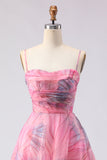 Pink A-Line Print Tulle Floral Corset Long Ball Dress with Slit