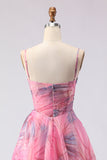 Pink A-Line Print Tulle Floral Corset Long Ball Dress with Slit