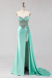 Sweetheart Mermaid Beaded Mint Green Long Ball Dress with Slit
