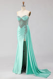 Sweetheart Mermaid Beaded Mint Green Long Ball Dress with Slit