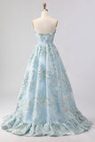 Strapless A Line Light Blue Corset Jacquard Long Ball Dress with Slit