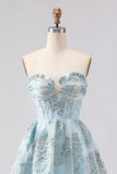 Strapless A Line Light Blue Corset Jacquard Long Ball Dress with Slit