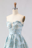 Strapless A Line Light Blue Corset Jacquard Long Ball Dress with Slit