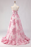 Strapless A Line Pink Jacquard Corset Long Ball Dress with Slit