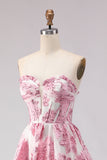 Strapless A Line Pink Jacquard Corset Long Ball Dress with Slit
