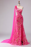 Fuchsia Mermaid Corset One Shoulder Cut Out Streamer Long Ball Dress with Slit