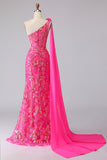 Fuchsia Mermaid Corset One Shoulder Cut Out Streamer Long Ball Dress with Slit