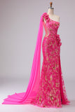 Fuchsia Mermaid Corset One Shoulder Cut Out Streamer Long Ball Dress with Slit