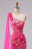 Fuchsia Mermaid Corset One Shoulder Cut Out Streamer Long Ball Dress with Slit