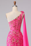 Fuchsia Mermaid Corset One Shoulder Cut Out Streamer Long Ball Dress with Slit