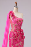 Fuchsia Mermaid Corset One Shoulder Cut Out Streamer Long Ball Dress with Slit