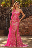 Fuchsia Mermaid Corset One Shoulder Cut Out Streamer Long Ball Dress with Slit