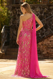 Fuchsia Mermaid Corset One Shoulder Cut Out Streamer Long Ball Dress with Slit