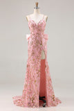 Sparkly Pink Mermaid Sequin Back Bow Long Ball Dress with Slit